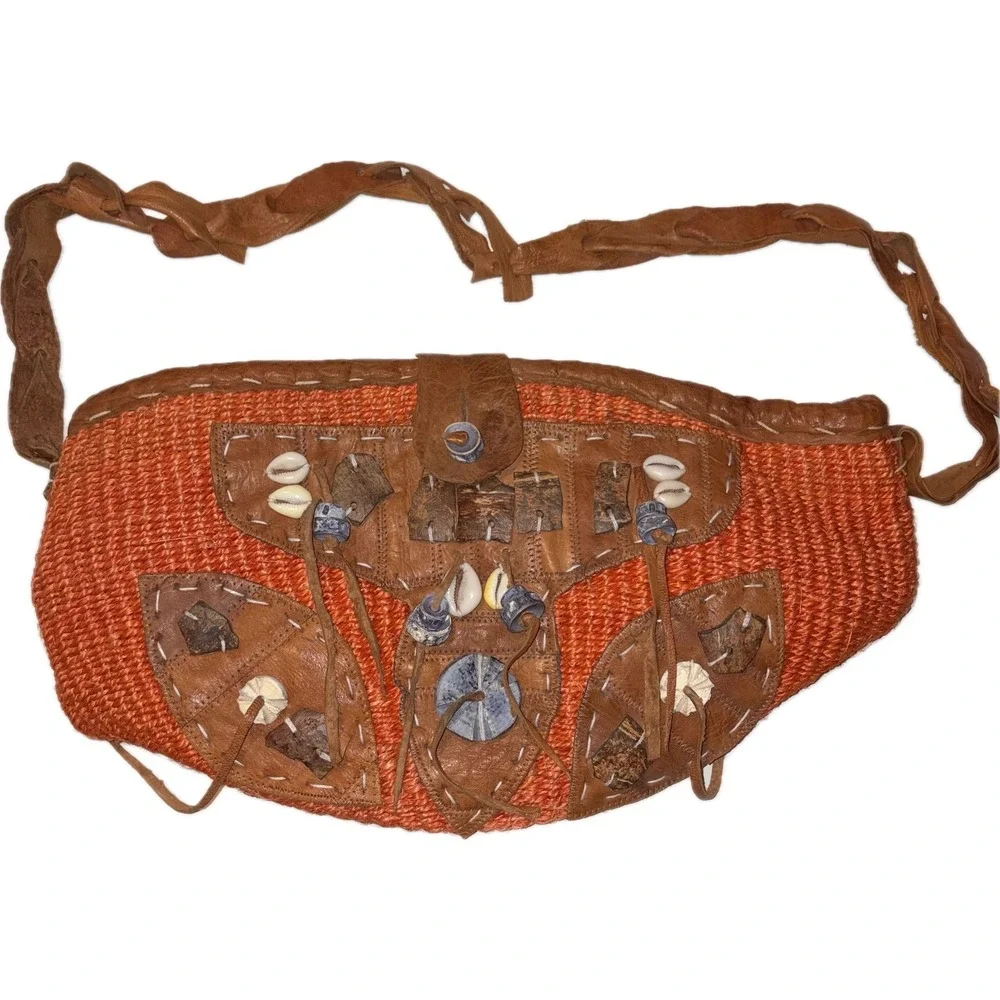 Vintage 90s Boho Woven Shell Leather Bag Orange 17x10x7